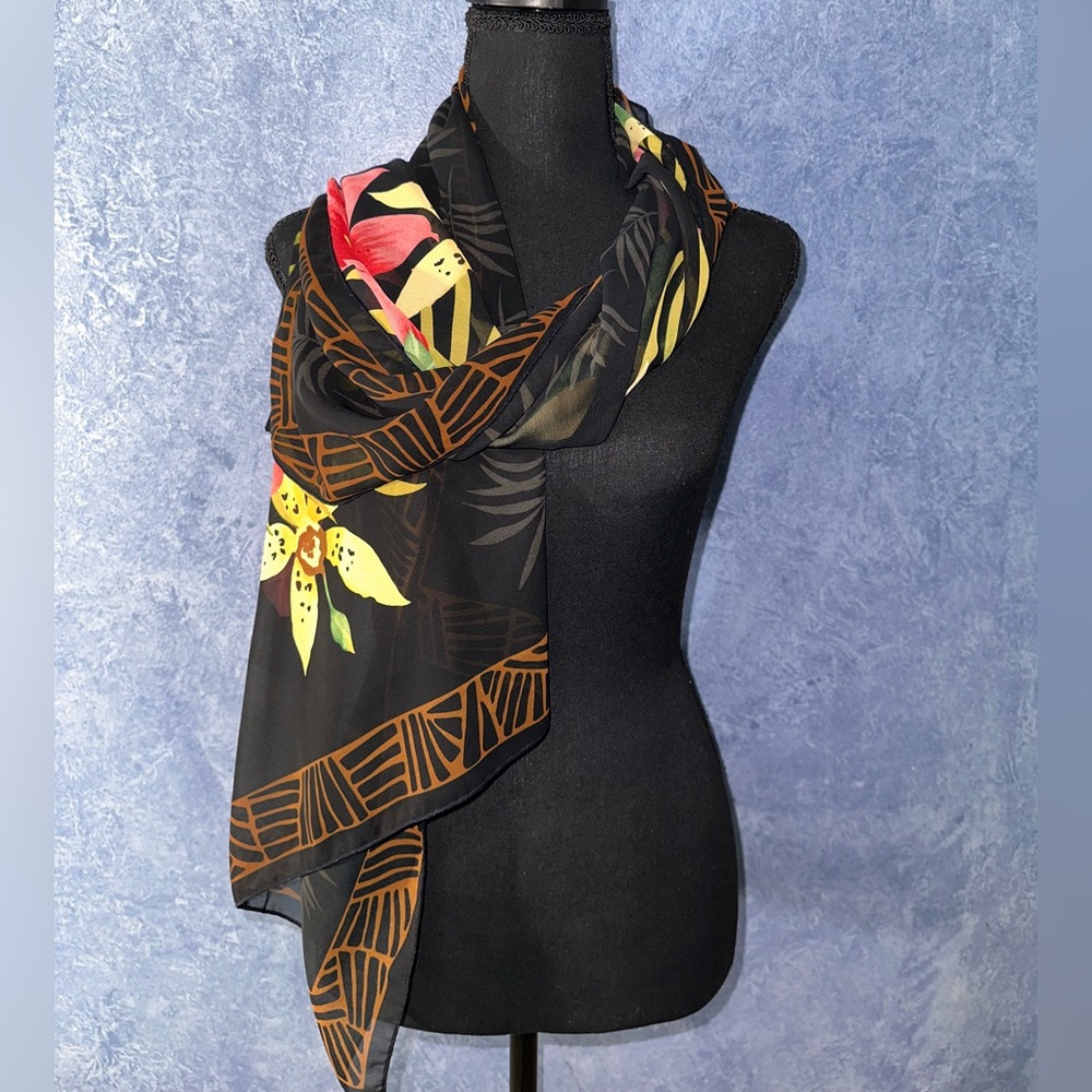 Floral Black and Gold Lilly Print Women's Scarf